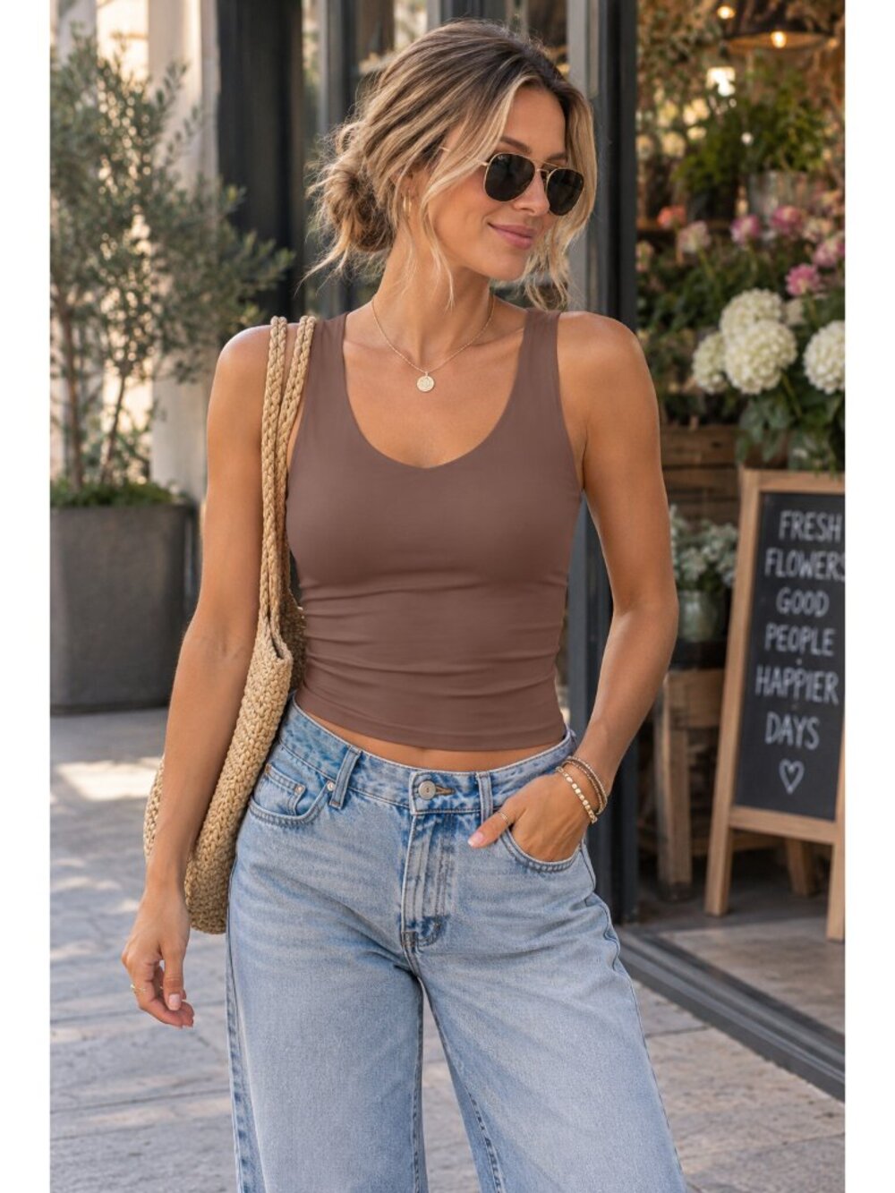 Los Angeles Boutique Brown Double Lined V Neck Crop Tank Top Stretch Classic M